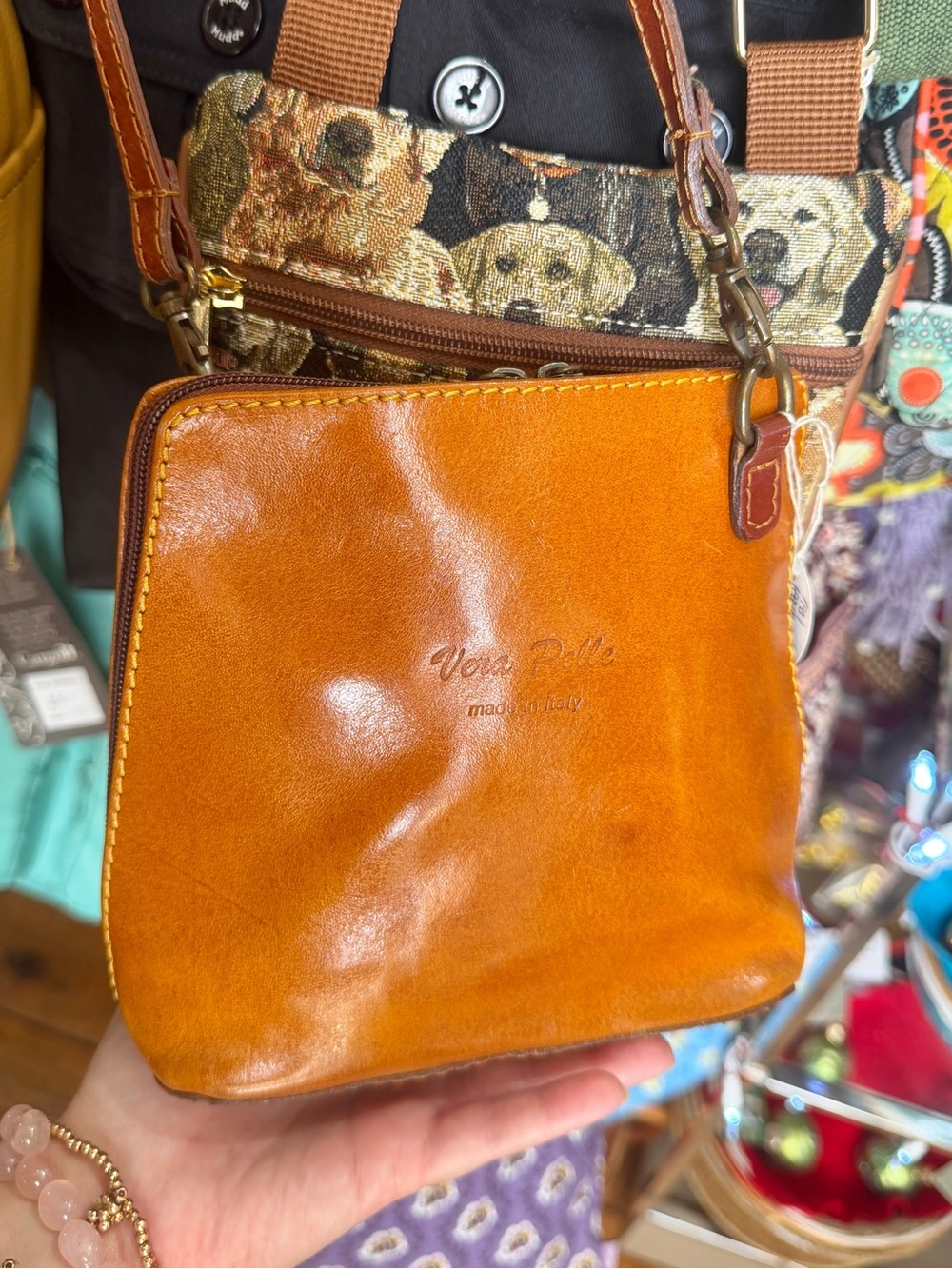 Vintage 100% Italian Leather Crossbody Purse Vera Pelle Made in Italy Warm Brown